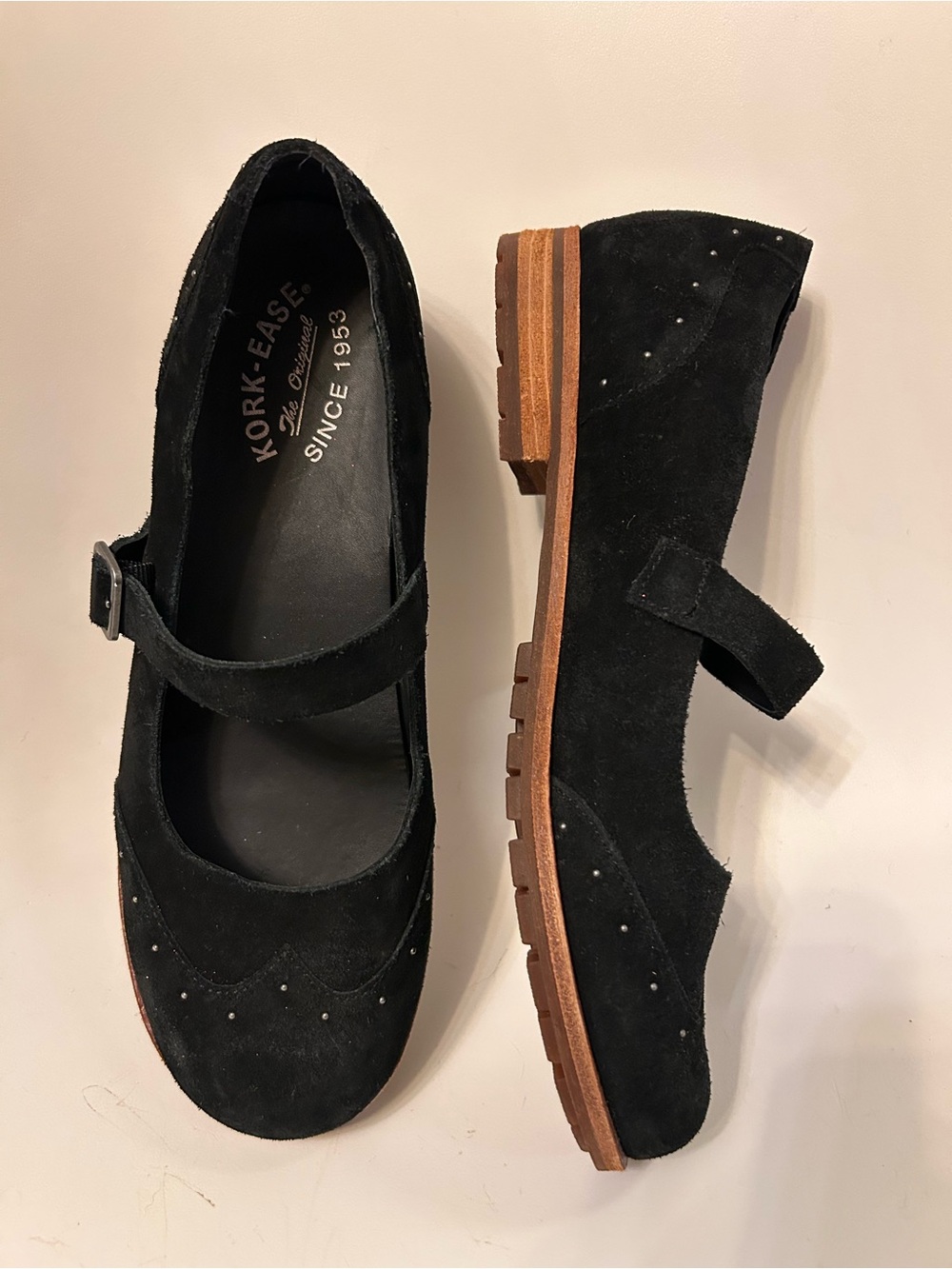 Kork-Ease Black Suede Mary Jane Loafers with Stud Detail